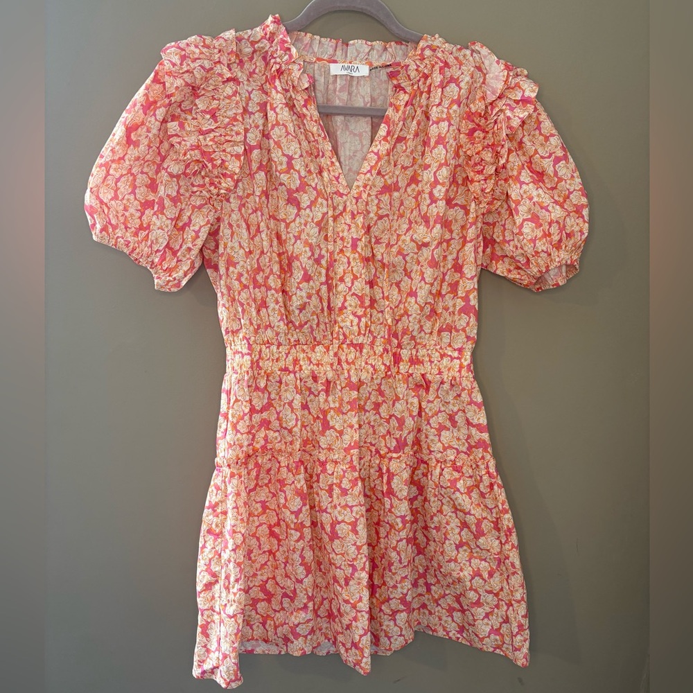 Avara Pink Floral Mini Dress Size Large Puff Sleeve Easter Cottagecore Boho
